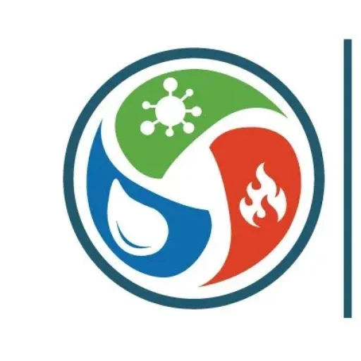 Circular logo with water drop, flame, microbe