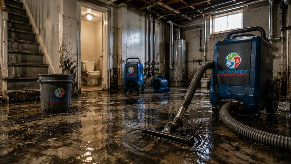 Flooded basement with cleanup equipment
